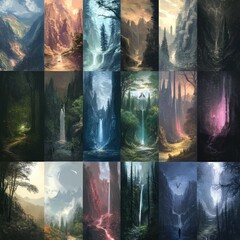 Wall Mural - a collage of serene landscapes featuring waterfalls, forests, and mystical lighting.