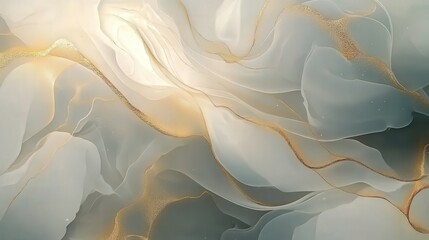 Poster - An abstract alcohol ink design with swirling white and gray tones, highlighted with fine gold lines.