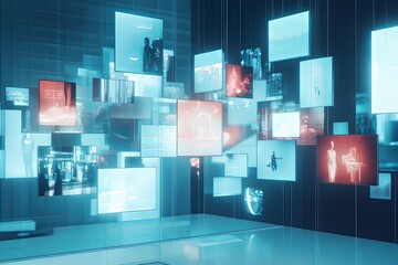 Poster - Digital gallery showcasing interactive art installations in a modern urban environment at night. Generative AI
