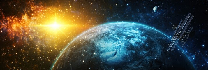 Wall Mural - a stunning cosmic scene featuring earth, a distant planet, and the international space station.