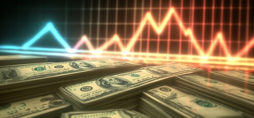 Poster - Stacks of cash with a financial graph in the background.