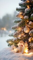 Wall Mural - Magical Christmas scene with snow-covered pine branches, glowing string lights, white ornament ball, and illuminated ceramic house and tree decorations in fresh snow