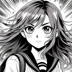 Poster - A black and white manga style portrait of a teenage girl with la