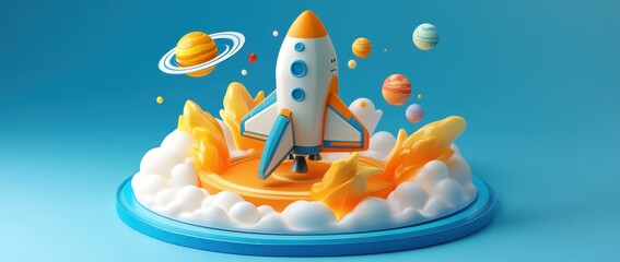 Wall Mural - a colorful rocket surrounded by planets and clouds, evoking space exploration themes.