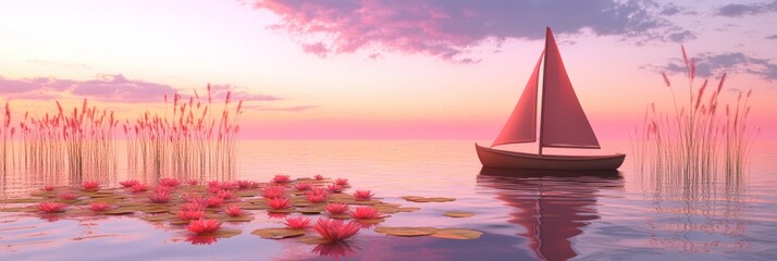 Wall Mural - a serene sunset over water with a sailboat and blooming lilies.