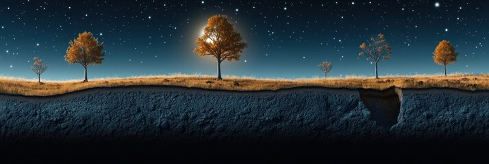 Wall Mural - a surreal landscape with trees, stars, and a cross-section revealing underground features.