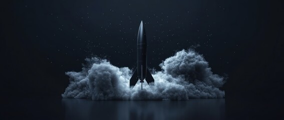 Wall Mural - a sleek rocket launching amidst dramatic clouds and a dark starry background.