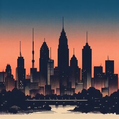 Poster - a hand drawn silhouette of a city skyline at dusk buildings are