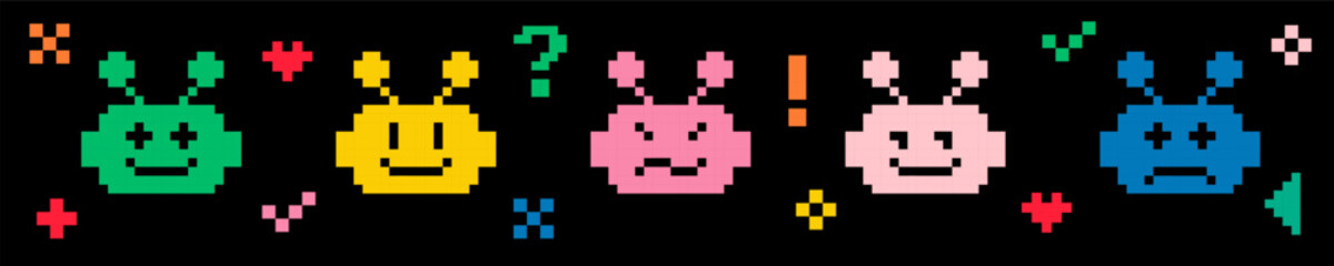 Poster - Cute bot icon line. Pixel art. Chatbot set. Naive childish design. Abstract geometric simple pattern. Y2k trendy playful pixels stickers. Mood of 90's aesthetics. 8 bit retro style vector illustration