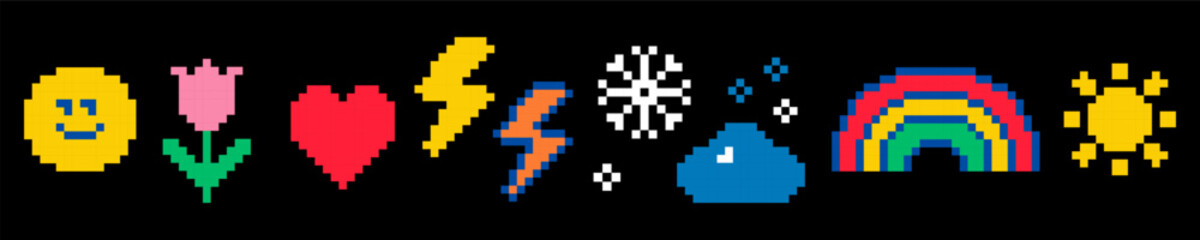 Fototapete - Cute emoji icon line. Y2k funny emoticon collage stickers. Sun, cloud, flower, rainbow, heart, smile. 8 bit retro style vector illustration. Set of pixel art game elements. Naive pattern design