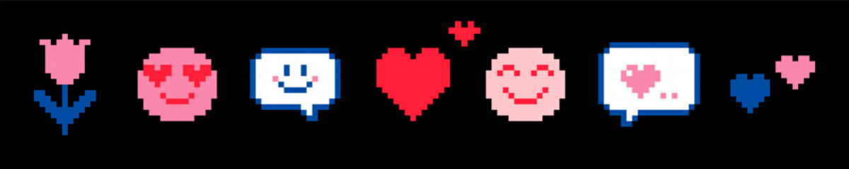 Poster - 14 February cute game vector elements. Valentine day icon line. Pixel art. Naive childish design. I love U, heart, smile, speech bubble. Abstract geometric simple pattern. Y2k playful pixels stickers