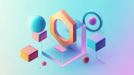 Fototapete - Virtual 3d element with circles, hexagons, triangles, lines, squares, rectangles. Modern logo in cyberpunk style. Futuristic IT badges for banner. Technology hi-tech design in the Vector illustration.