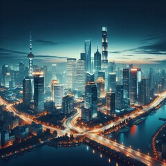 Poster - a panoramic view of a city skyline at night with buildings illum