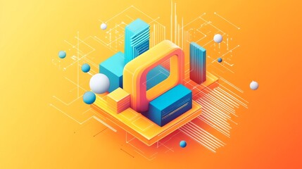 Fototapete - Virtual 3d element with circles, hexagons, triangles, lines, squares, rectangles. Modern logo in cyberpunk style. Futuristic IT badges for banner. Technology hi-tech design in the Vector illustration.