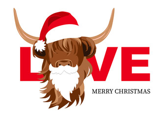 Love Word with Portrait of Highland cattle, Merry Christmas, Cute Head of Scottish Cattle with Christmas Hat Beard, Scottish sign. Design element for logo,poster, card, banner, emblem, t shirt. Vector