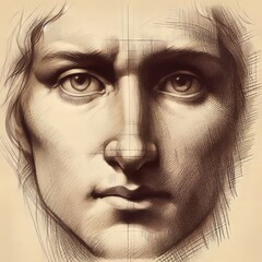 Poster - A sepia toned pencil drawing of a human face capturing realistic