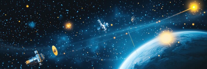 Wall Mural - a vibrant space scene depicting satellites and a planet with a distant sun.
