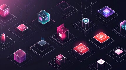 Fototapete - Virtual 3d element with circles, hexagons, triangles, lines, squares, rectangles. Modern logo in cyberpunk style. Futuristic IT badges for banner. Technology hi-tech design in the Vector illustration.