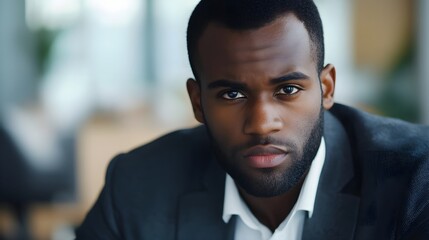 Poster - Close up portrait African american young businessman entrepreneur investor confident male face concentrated expression looking at camera seriously man thinking decision in office workspace background