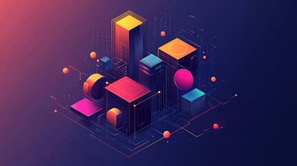Fototapete - Virtual 3d element with circles, hexagons, triangles, lines, squares, rectangles. Modern logo in cyberpunk style. Futuristic IT badges for banner. Technology hi-tech design in the Vector illustration.