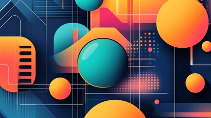 Fototapete - Virtual 3d element with circles, hexagons, triangles, lines, squares, rectangles. Modern logo in cyberpunk style. Futuristic IT badges for banner. Technology hi-tech design in the Vector illustration.