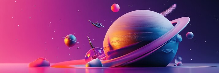 Wall Mural - a vibrant space scene featuring a colorful planet with rings and various celestial bodies.