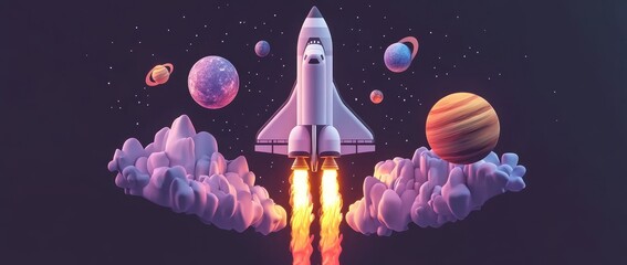 Wall Mural - a rocket launching into space surrounded by colorful planets and clouds.