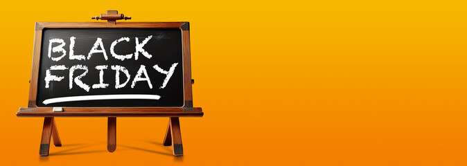 Aufkleber - Closeup of a blackboard on a wooden easel (tripod) with the text written in chalk, Black Friday in English language. On a yellow and orange background with copy space. Generative Ai.