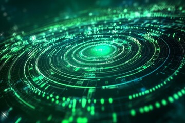 Fototapete - Digital spiral pattern with glowing green circles creating a futuristic atmosphere in a virtual landscape. Generative AI