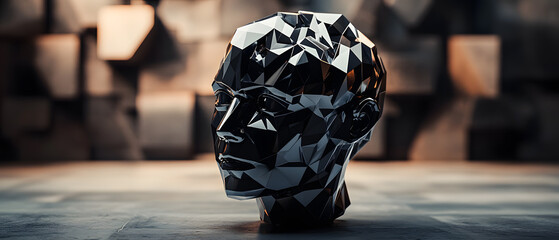 Abstract Polygonal Head Sculpture, Futuristic AI Concept, 3D Render