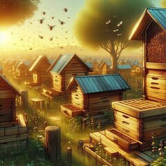 Poster - Apiary with Beehives Detailed rendering of beehive texture and s