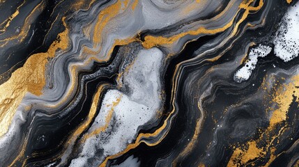 Aufkleber - Abstract black and gold marbled texture with dynamic waves and splashes.