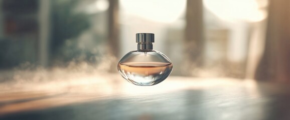 Poster - A floating perfume bottle with a soft, blurred background.