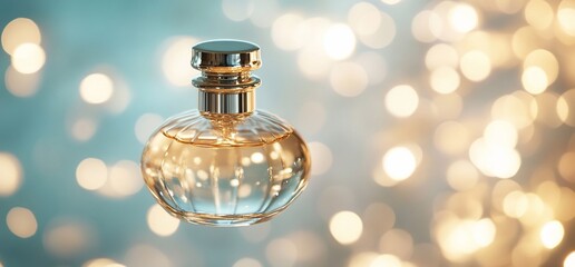 Poster - A floating perfume bottle with a blurred, shimmering background.