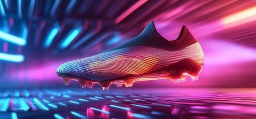Poster - A futuristic soccer shoe displayed in vibrant neon lighting.
