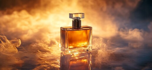 Poster - A glass perfume bottle illuminated by warm light and surrounded by mist.