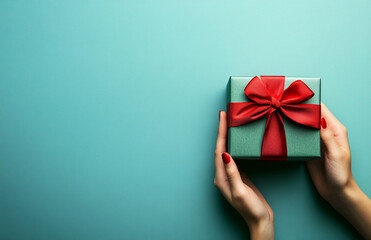 Hands holding a beautifully wrapped gift box with a red bow against a turquoise background highlighting festive preparation