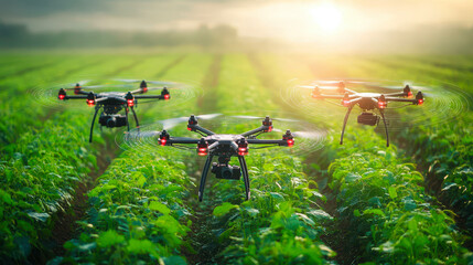 Poster - smart agriculture drones over green fields for precision farming and crop health monitoring