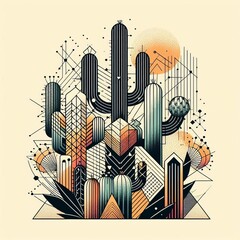 Poster - cacti shapes stylized with geometric lines and patterns blending