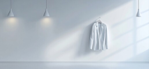 Aufkleber - A minimalist interior featuring a white jacket on a hanger.