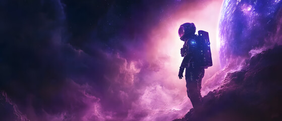 Wall Mural - solitary astronaut contemplates alien planets purple nebula landscape