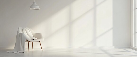 Poster - A minimalist room featuring a chair and a blanket, illuminated by natural light.