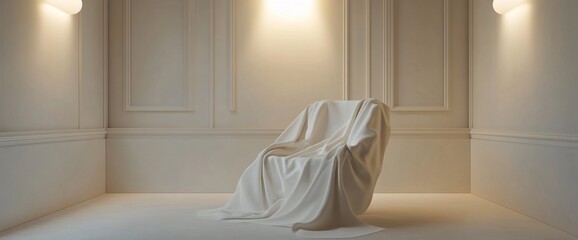 Aufkleber - A minimalist room featuring a draped chair with soft lighting.