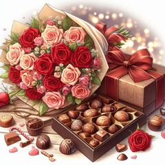 Poster - Chocolate and Roses A romantic illustration of a bouquet of rose
