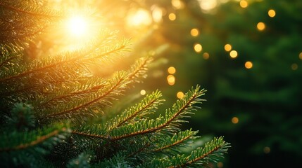 Poster - Sun shining through pine branches with bokeh lights.