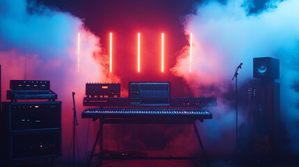 Poster - A music production setup with synthesizers and atmospheric lighting.