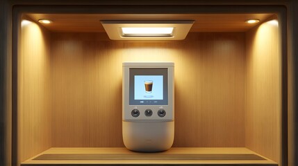 Poster - A sleek beverage machine displayed in a well-lit wooden cabinet.