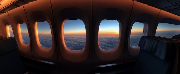 Aufkleber - A panoramic view of airplane windows at sunset above the clouds.