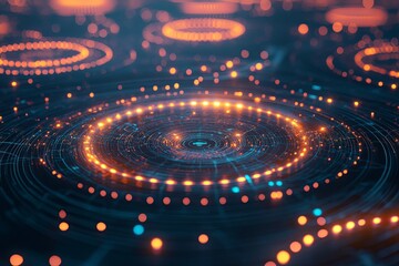 Fototapete - Vibrant circular patterns of light in a digital landscape created during an evening design session. Generative AI