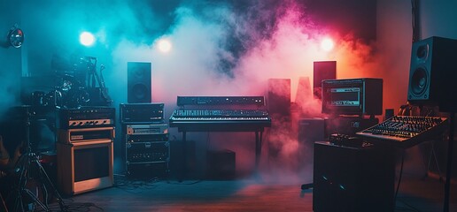 Poster - A music studio with equipment surrounded by colorful smoke effects.